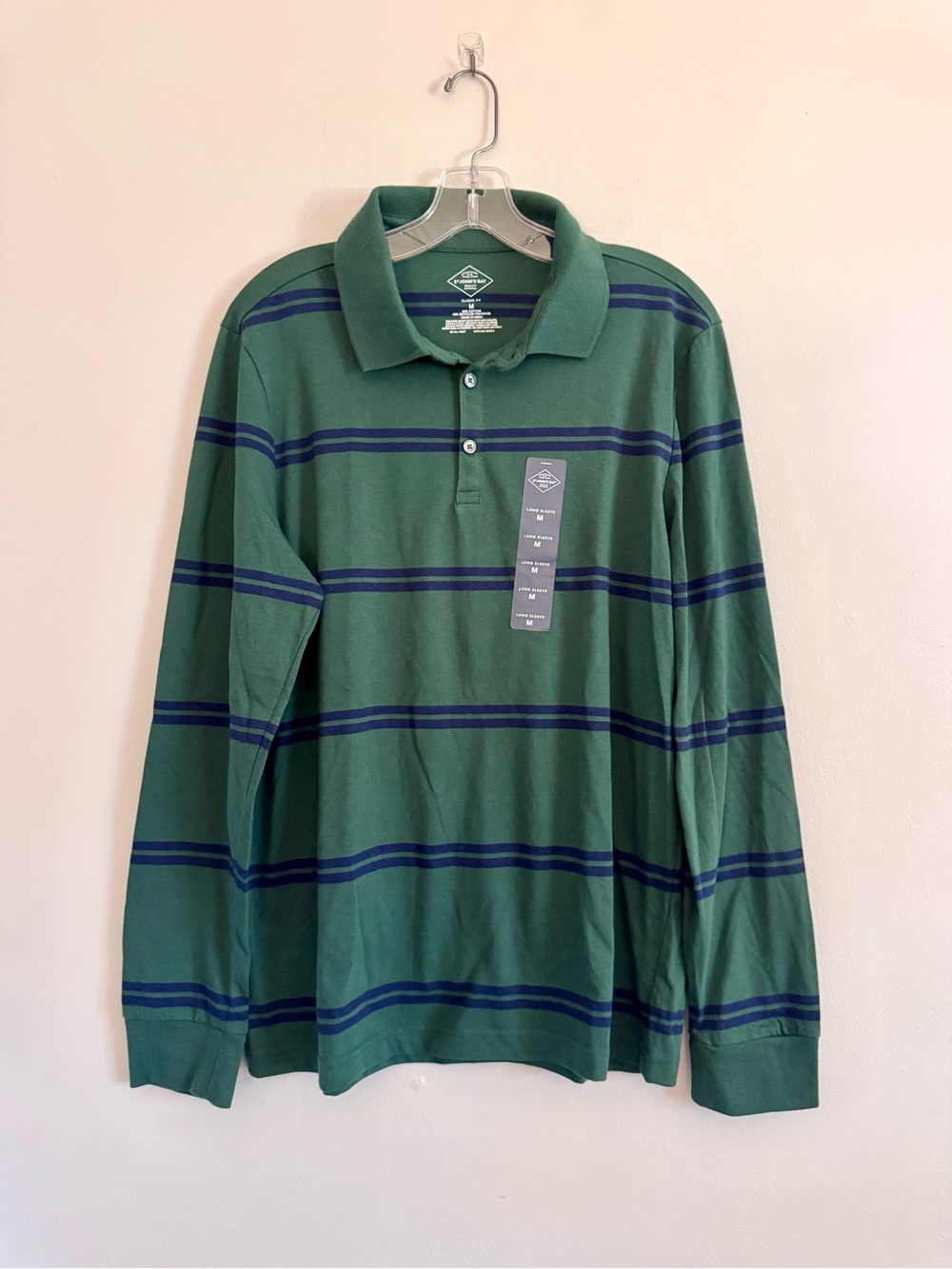NWT St John’s Bay Men's Green Long-Sleeve Striped Polo Shirt M